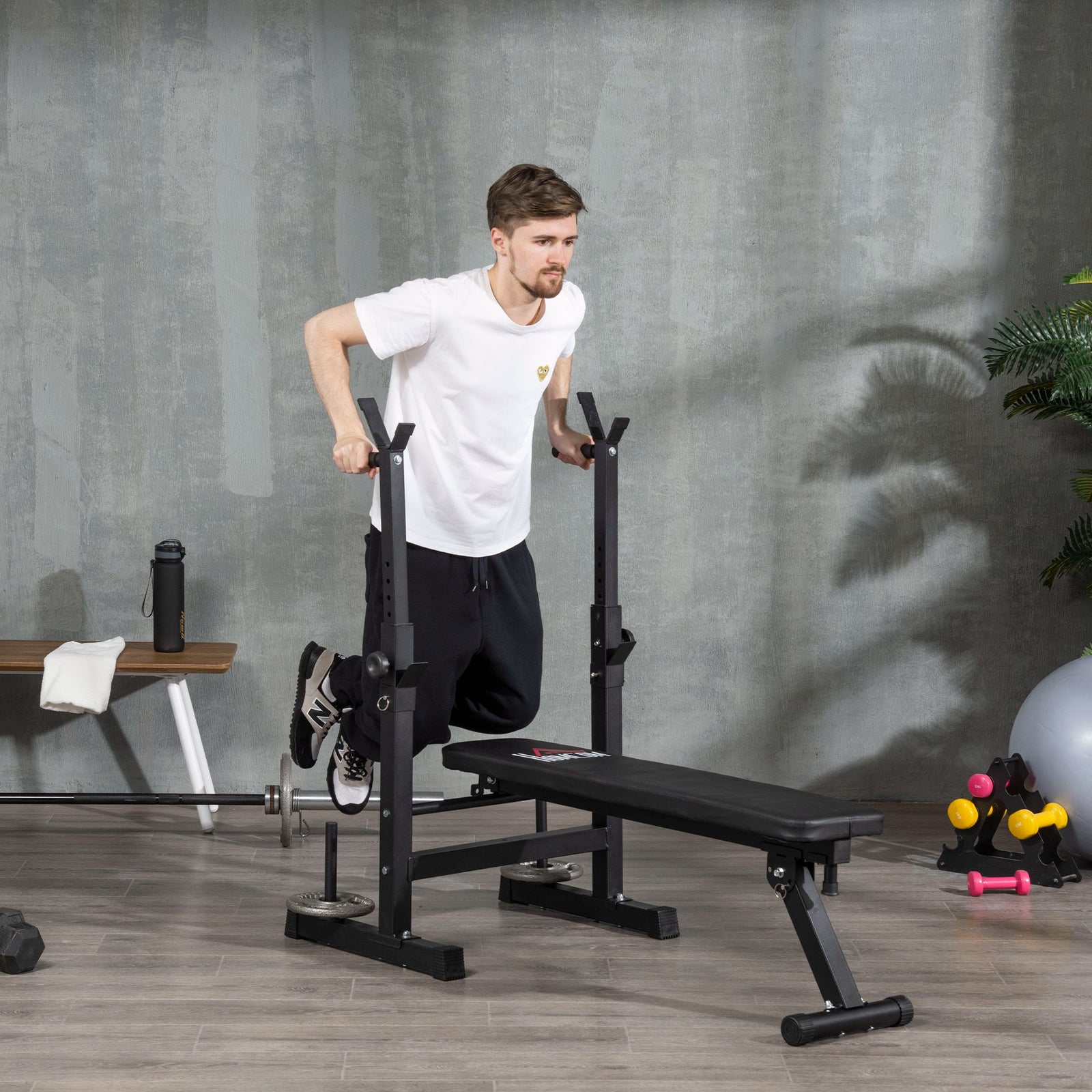 Adjustable Weight Bench W/ Barbell Rack And Dip Station