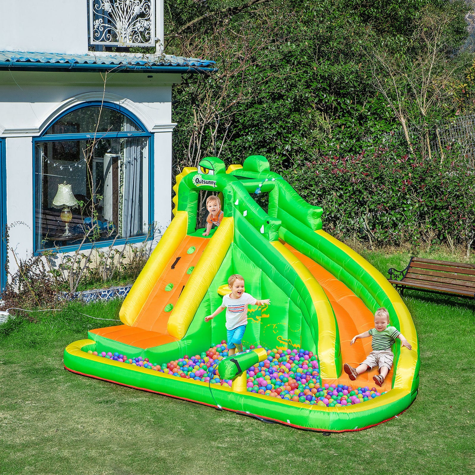 Kids Bouncy Castle With Slide Pool Basket Gun Climbing Wall W/ Blower