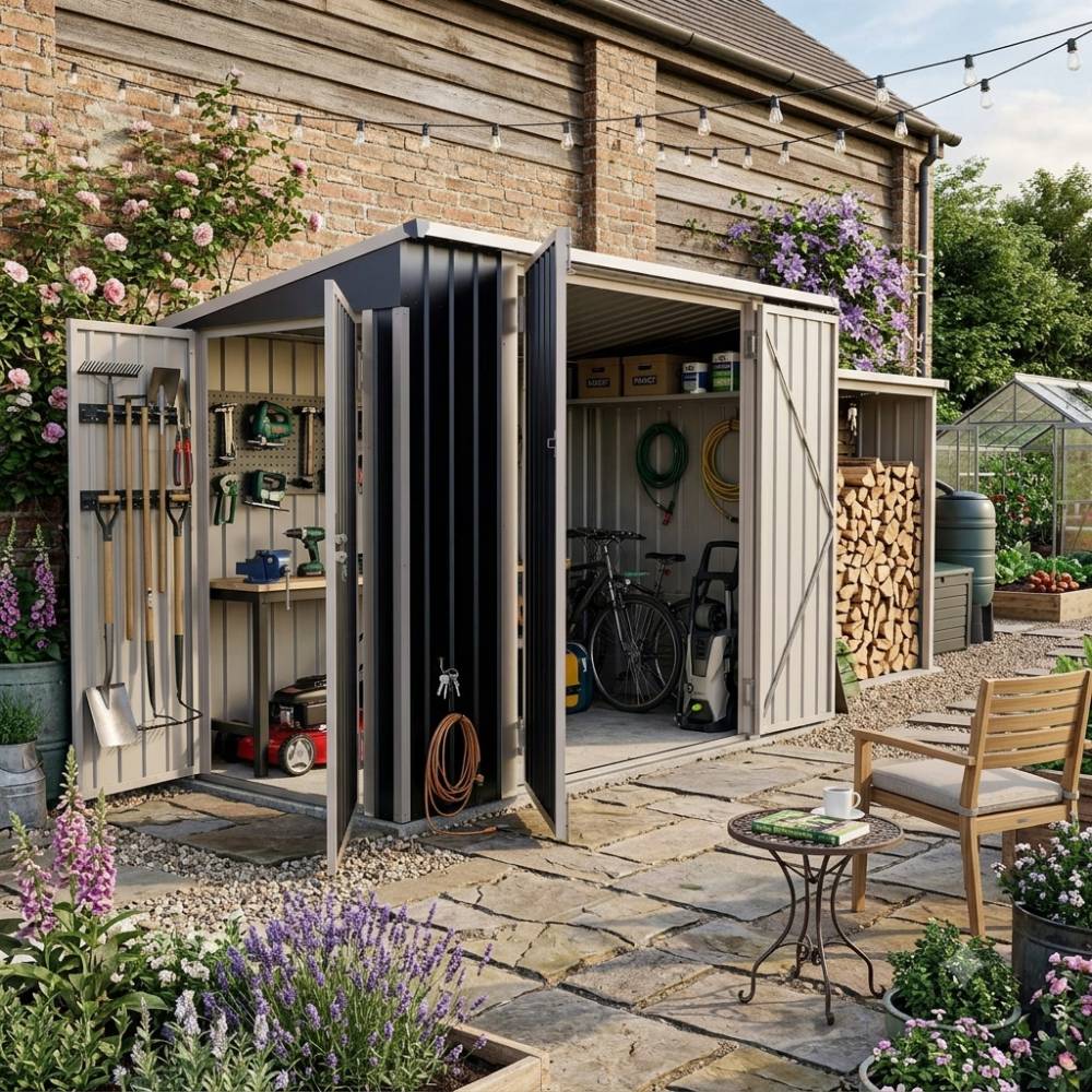 8x4 Ft Outdoor Metal Storage Shed with Pent Roof with Dual-Direction Access Doors & Adjustable Shelves, Weather-Resistant Garden Tool Storage House