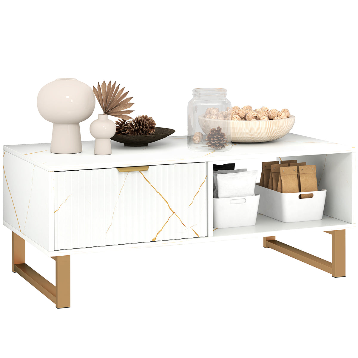 Coffee Table, Living Room Table With Drawer And Open Shelves | White
