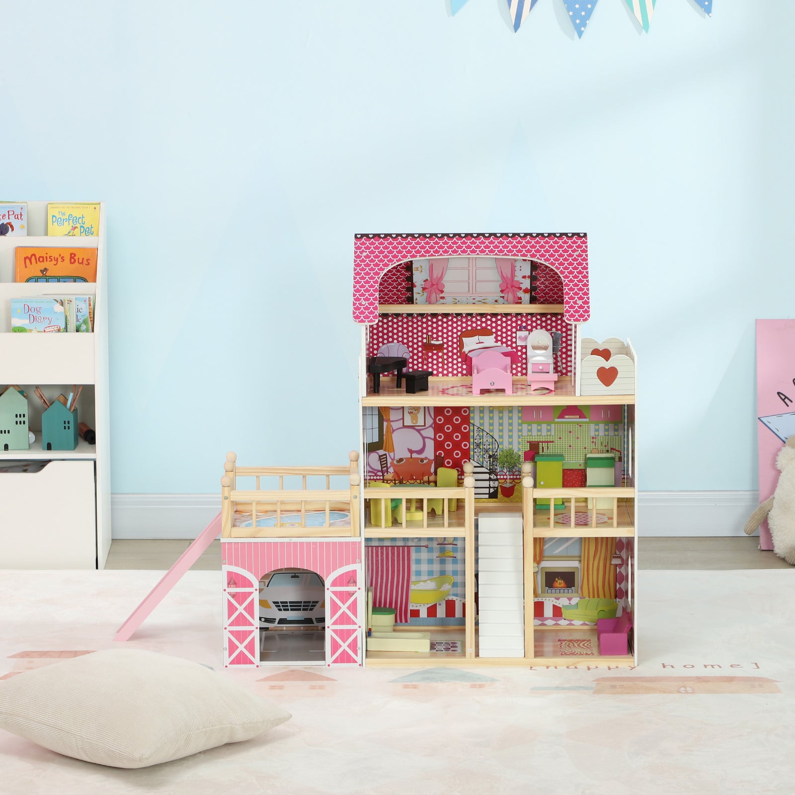 Dolls House With 13 Pieces Wooden Furniture And Accessories