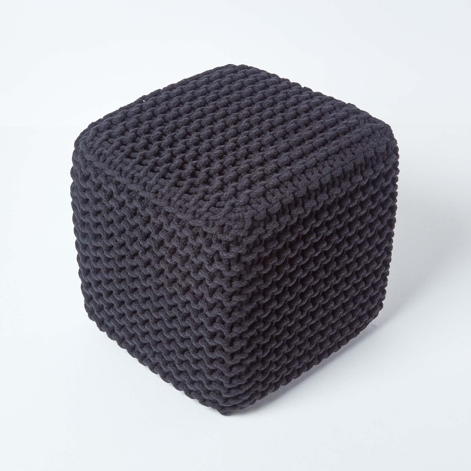 HOMESCAPES Black Cube Cotton Knitted Pouffe Footstool