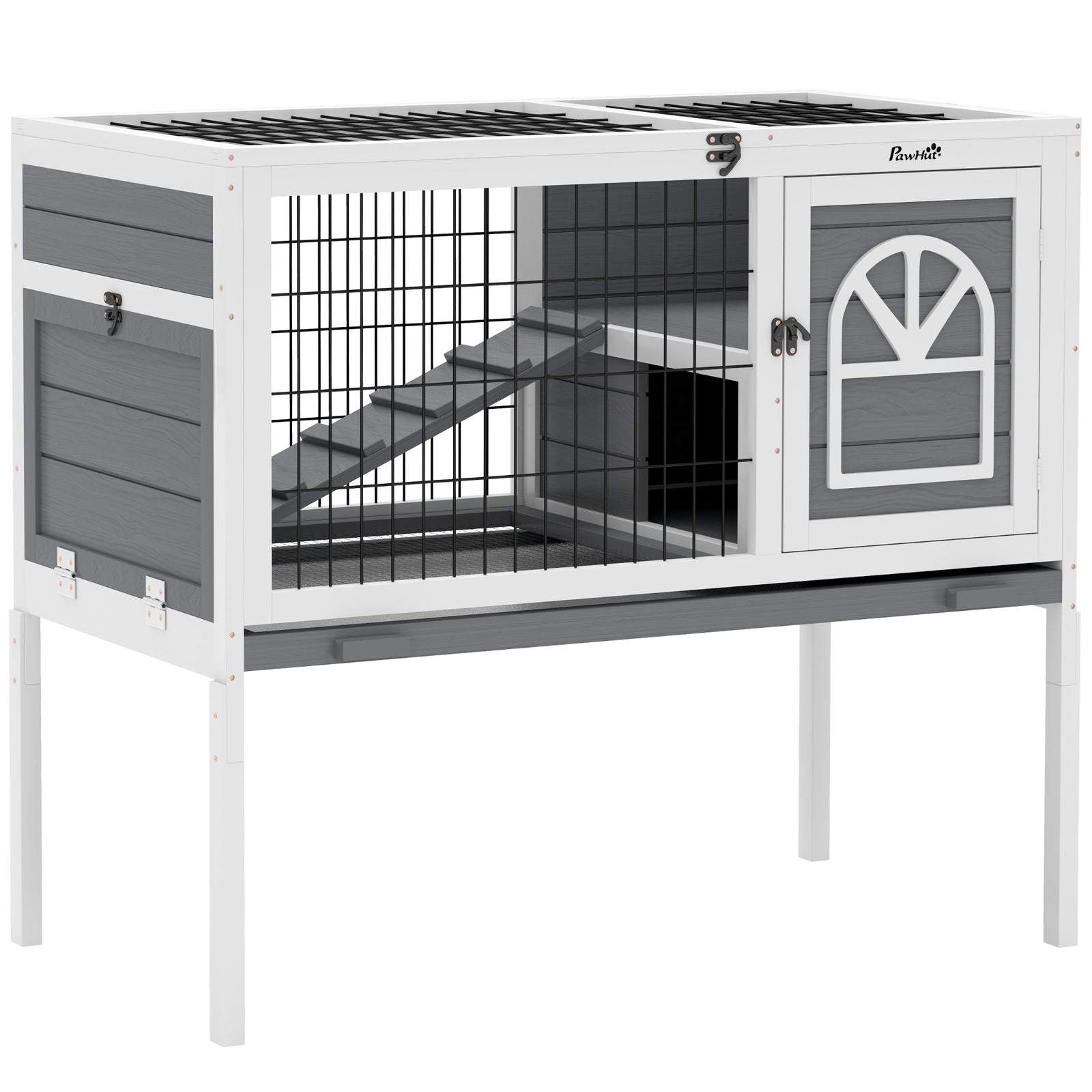 Rabbit Hutch Guinea Pig Cage W/ Removable Tray, Openable Roof, Grey