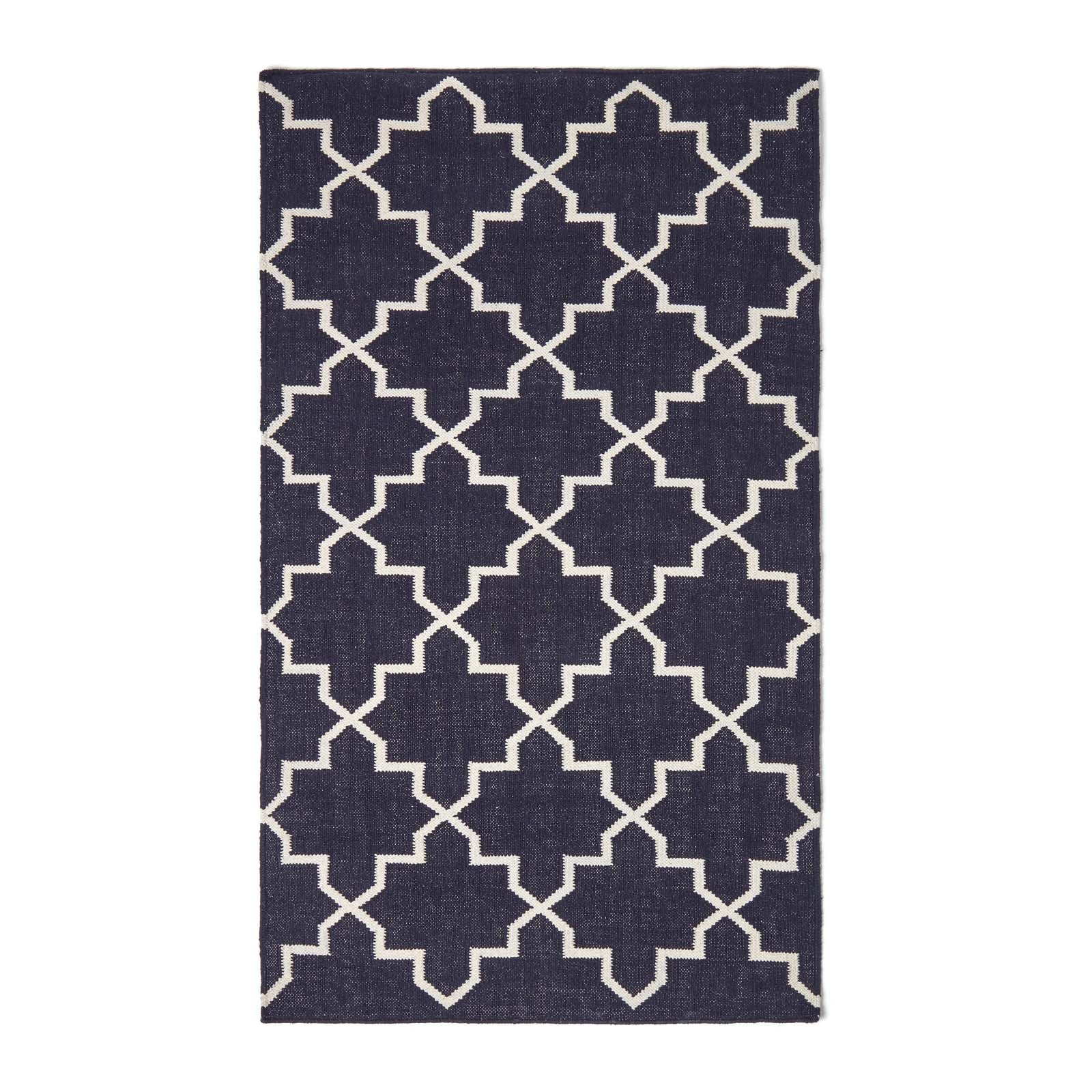 Edmonton Handwoven Navy Blue And White Cotton Geometric Kilim Rug | 150cm x 95cm | Navy Blue