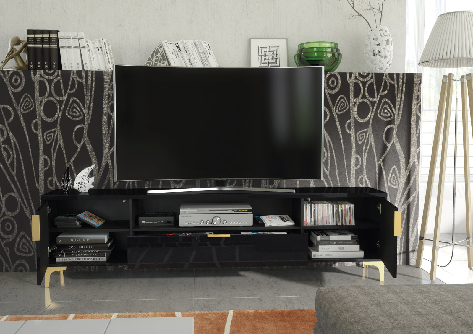 Goldline Gloss Tv Unit 200cm | Black