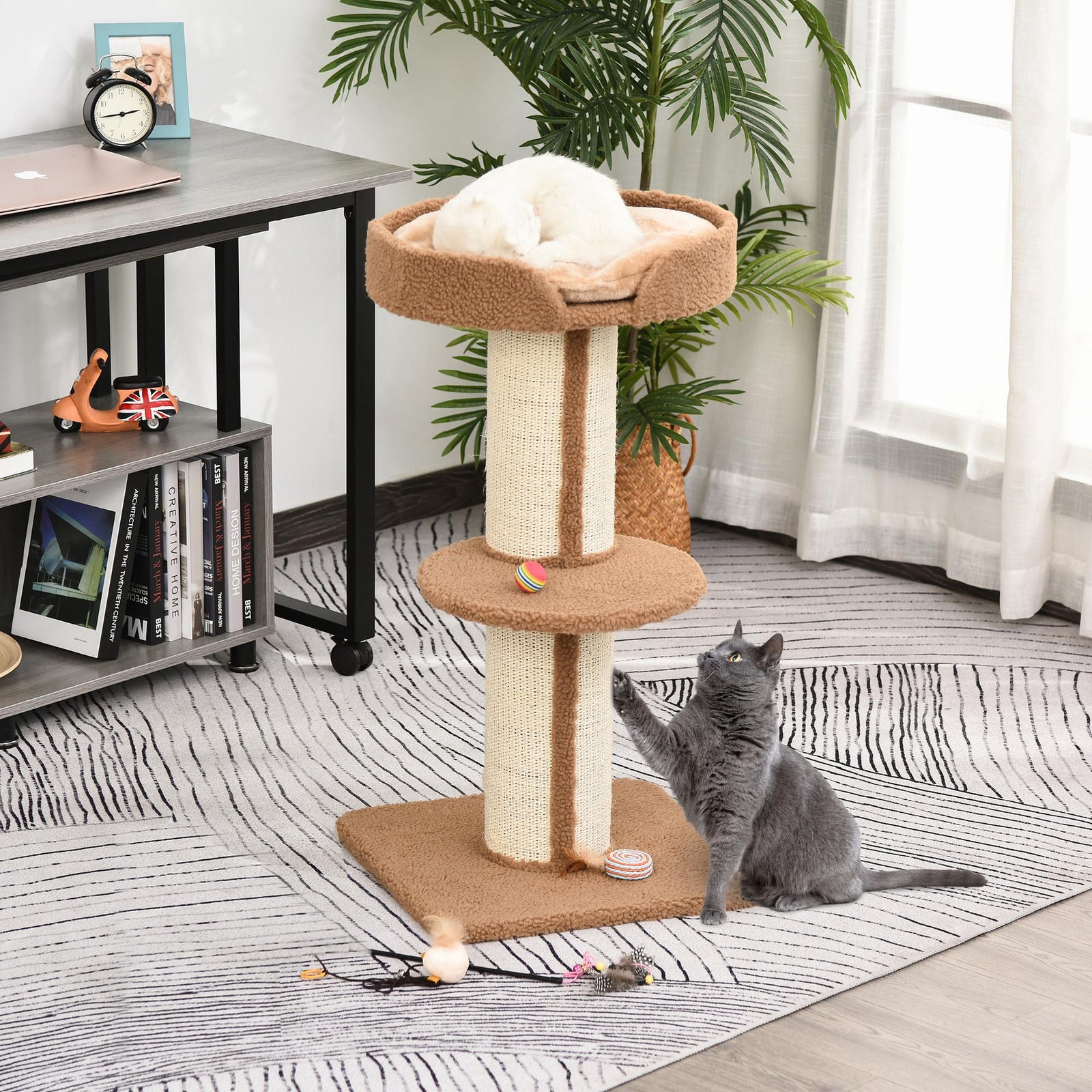 2-tier Cat Kitten Resting Tree W/ Top Basket Cushion Sisal Post | Brown
