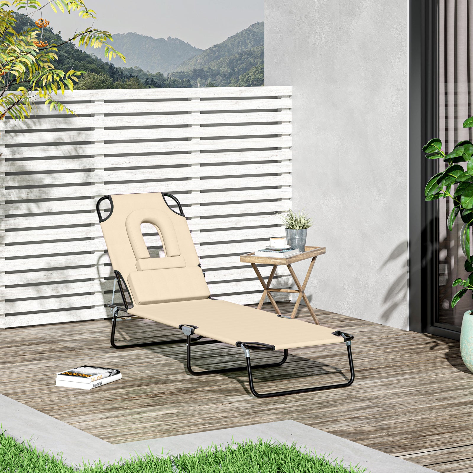 Garden Sun Lounger Folding Recliner Chair | Set of 1 | Beige