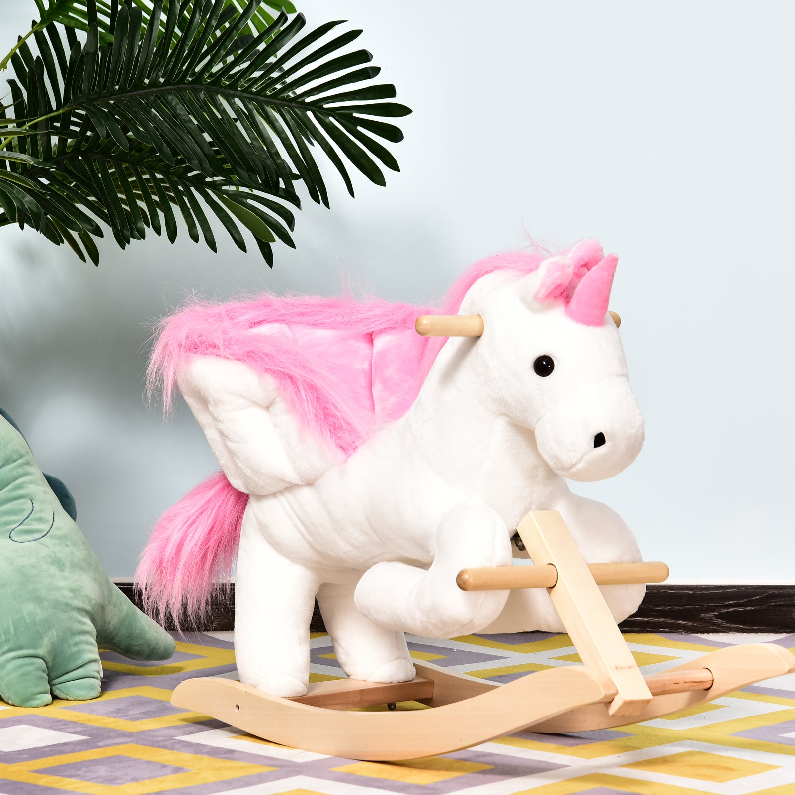 Kids Wooden Ride On Unicorn Rocking Horse Plush Toy Soft Seat Pink