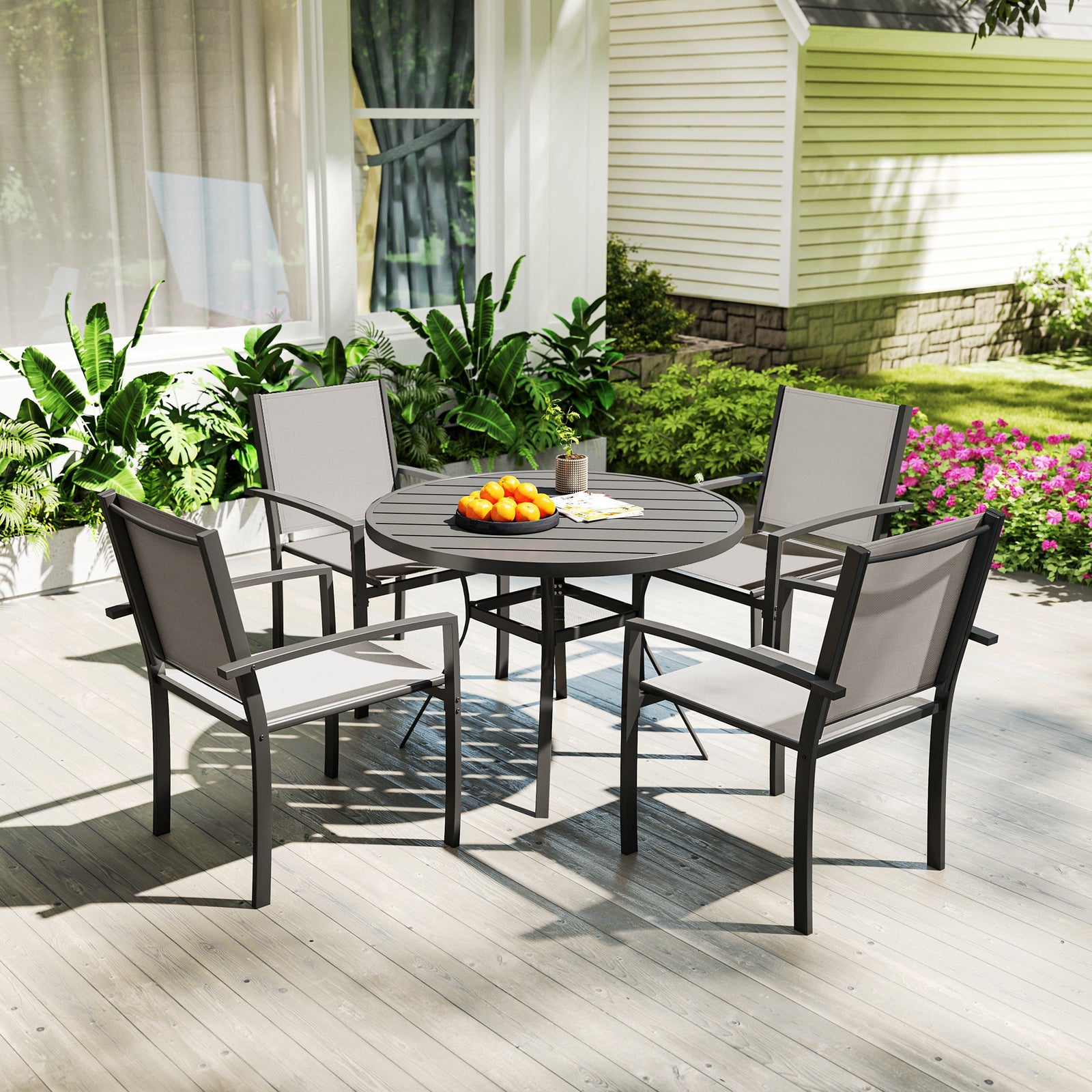5-piece Round Table Set, 4 Stackable Chairs, Grey