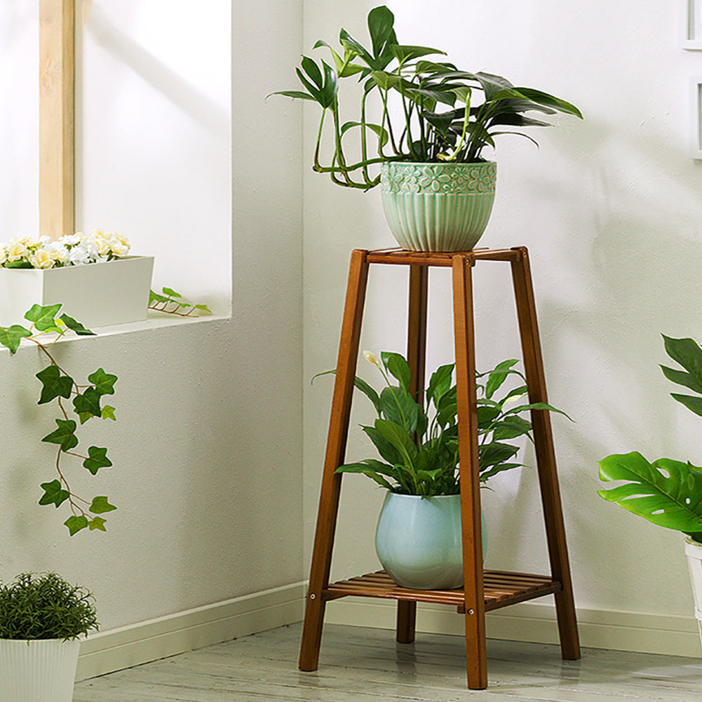 Vintage 2-tier Solid Wood Plant Stand Indoor Plant Display Shelf Rustic Wooden Flower Holder
