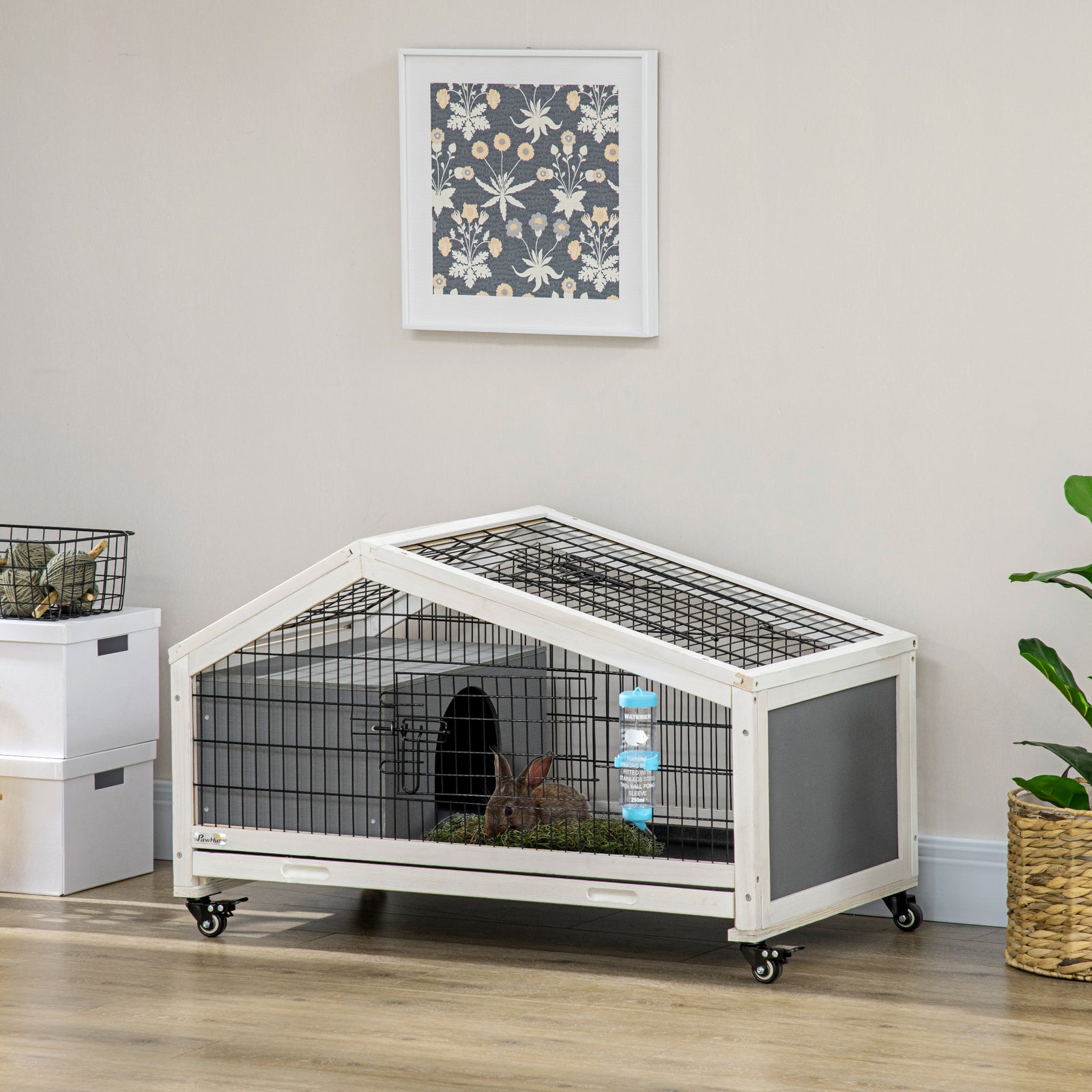 Rabbit Cage With Water Bottle, Wheels, Plastic Slide-out Tray 
Dark Grey