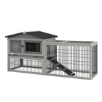 Wooden Rabbit Hutch With Run, Asphalt Roof, Pull-out Tray, Ramp | Gray