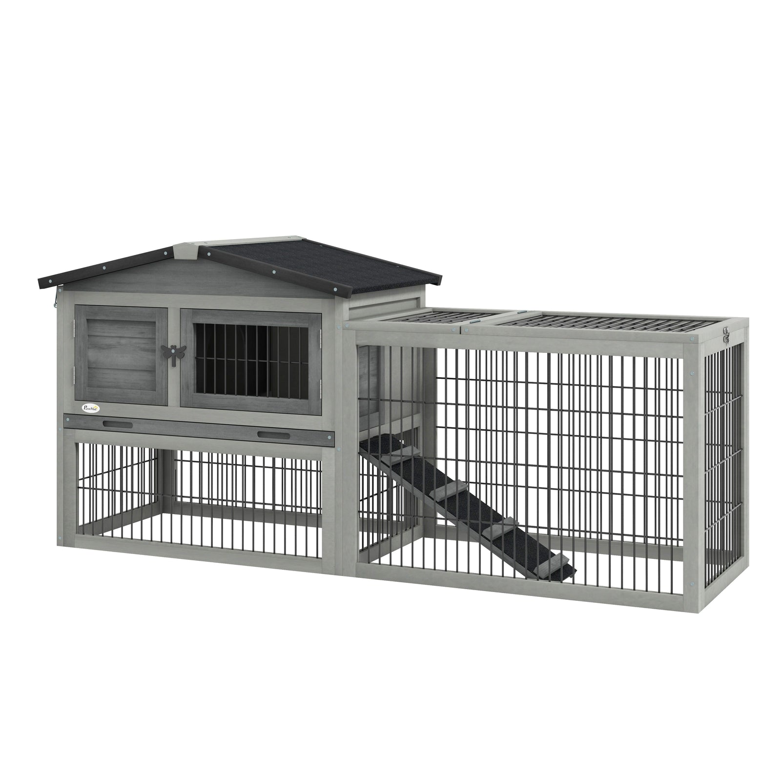 Wooden Rabbit Hutch With Run, Asphalt Roof, Pull-out Tray, Ramp | Gray