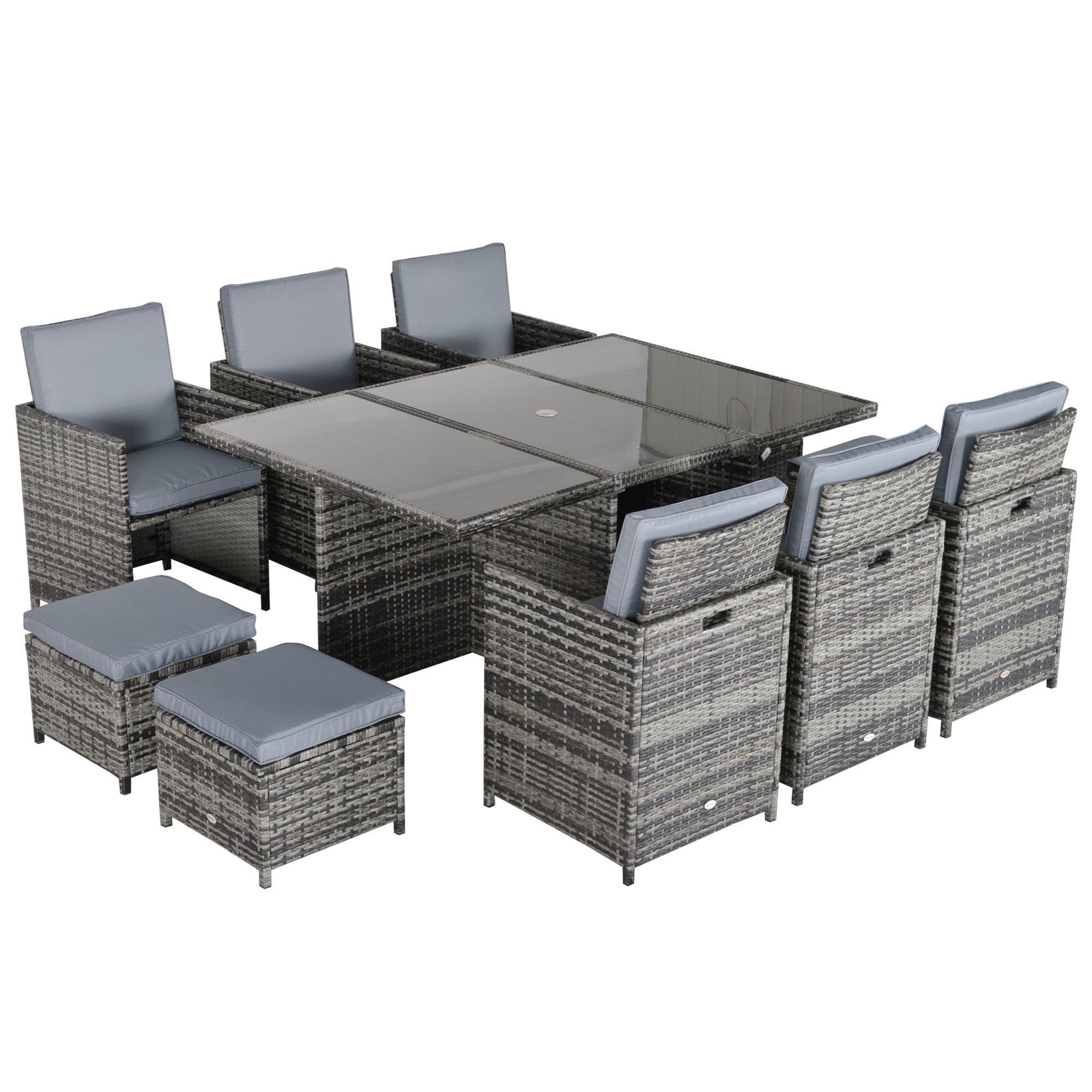 11 Pieces Rattan Dining Set Cushion Footrest Garden Wicker | Gray