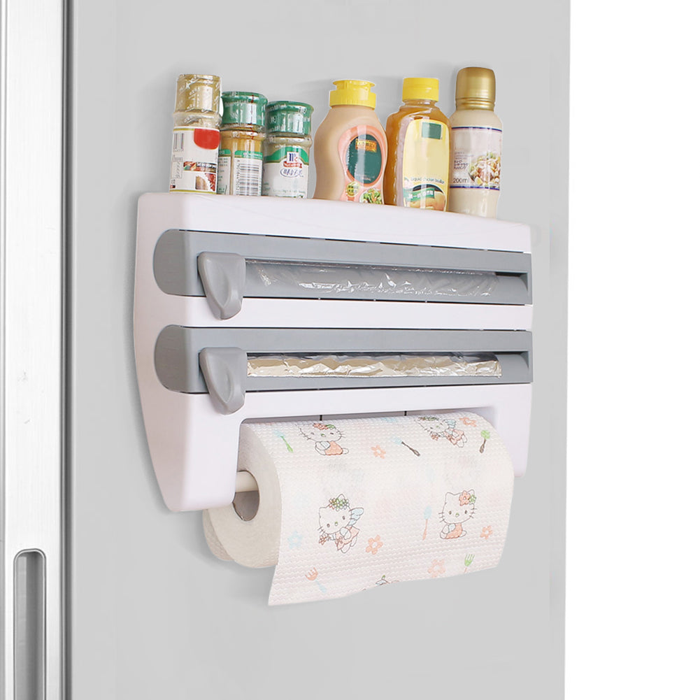 Kitchen Cling Foil Wrap Dispenser With Cutter, Spice And Towel Rack