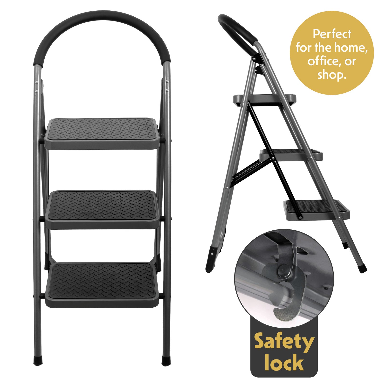 Step Ladder Premium Heavy-duty Steel Folding Step Stool 150kg Capacity | 3 Step | Grey