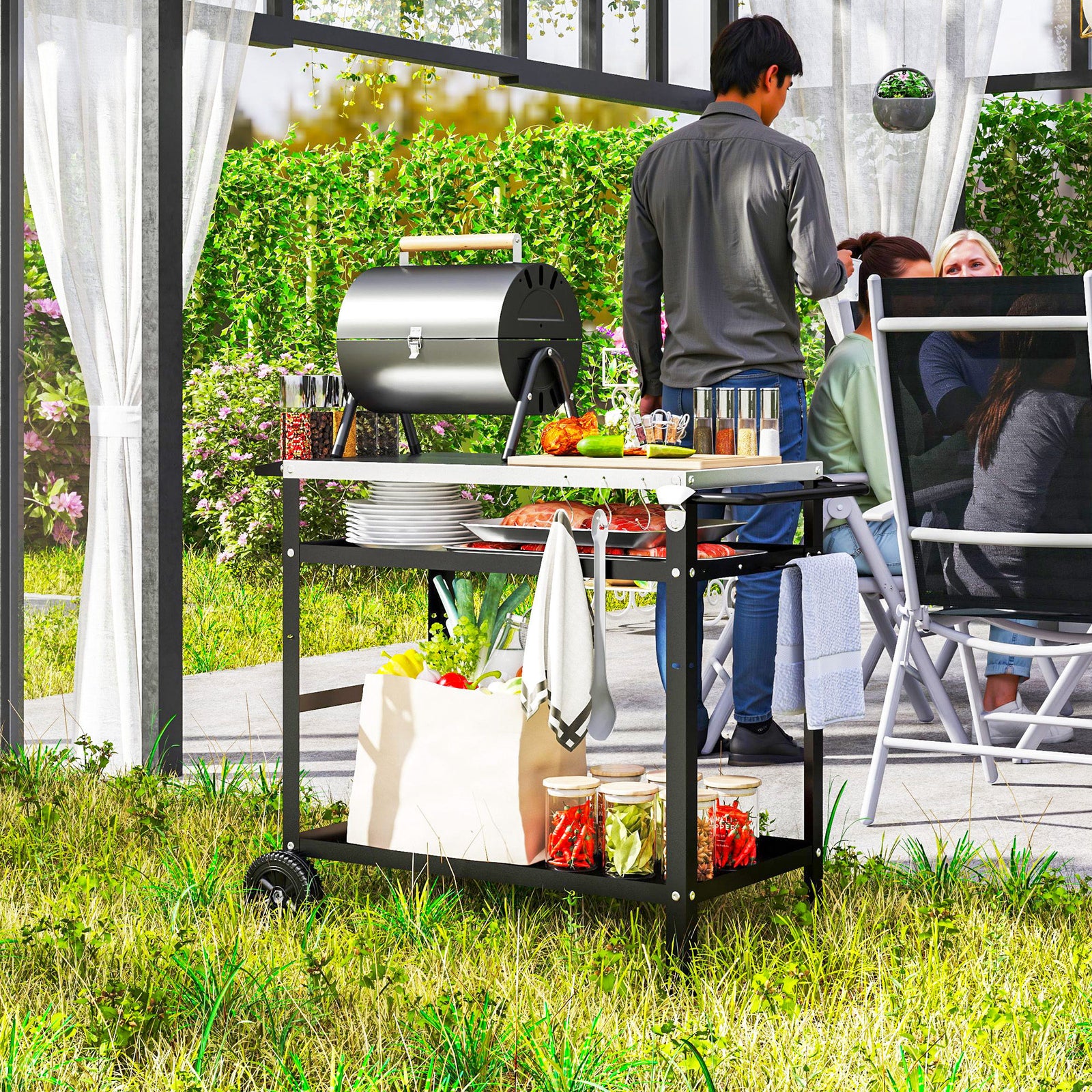 Bbq Trolley W/ Stainless Steel Top, Movable Pizza Table