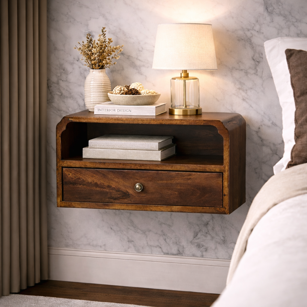 Avora Wall-mounted Bedside – Solid Wood, Chestnut Finish