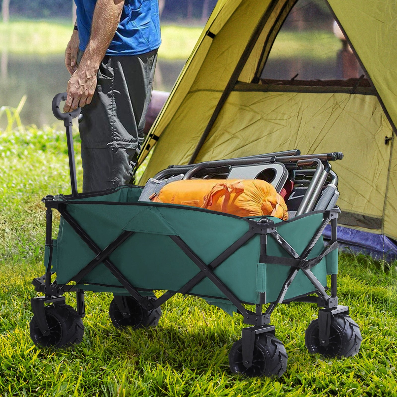 Outdoor Pull Along Folding Garden Trolley For Beach Camping | Green
