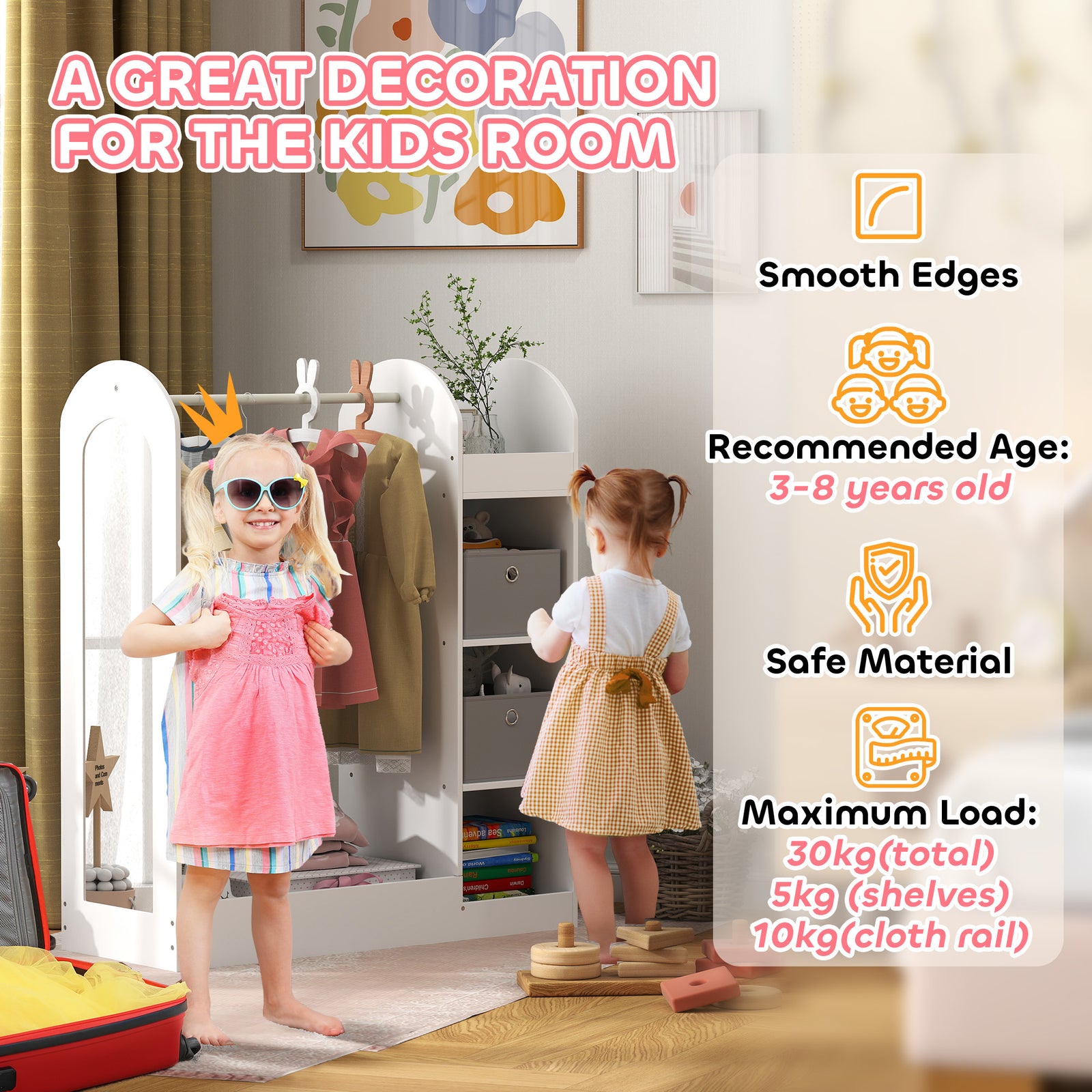Kids Cloth Rail With Storage Shelf, Boxes, Mirror For Bedroom | White