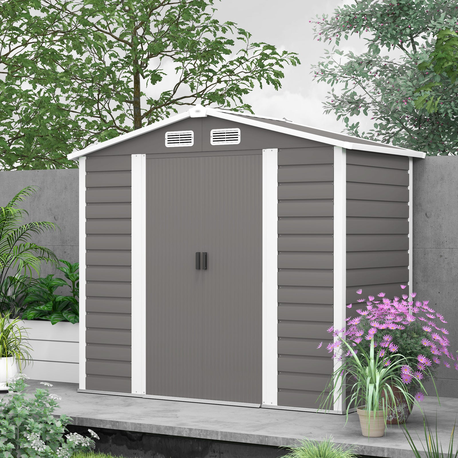 7 X 4ft Metal Garden Shed W/ Double Doors Gloves | Light Grey