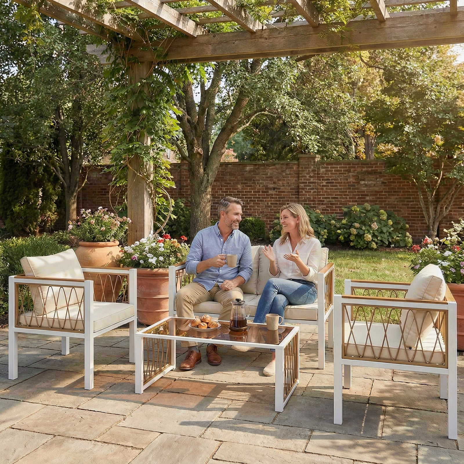 4 Seater Rattan Garden Furniture Set With Metal Frame, Cream White
