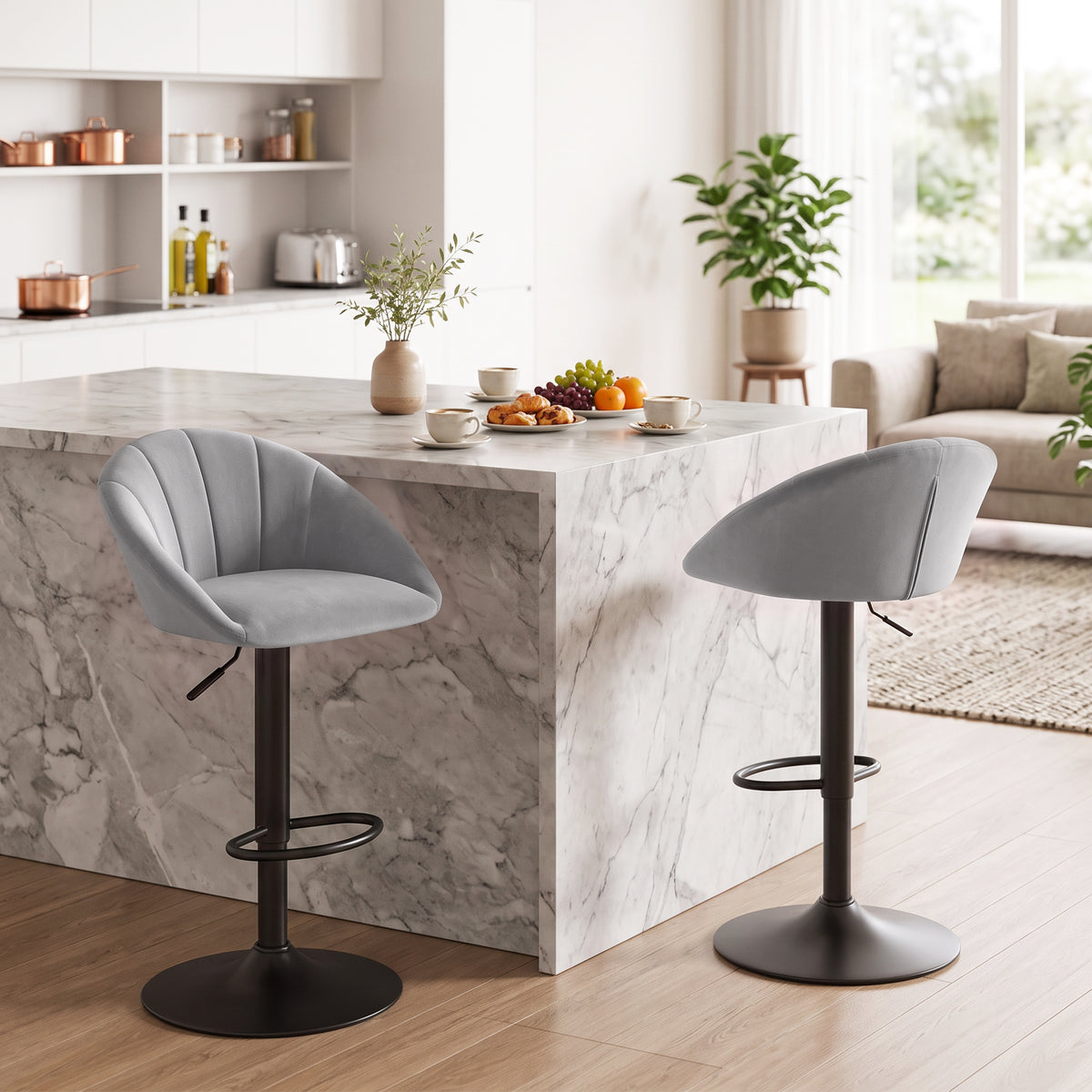 Bar Stools Set Of 2 Velvet Adjustable Swivel | Light Grey