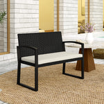 2 Seater Rattan Garden Bench With Cushion, Steel Frame | Black