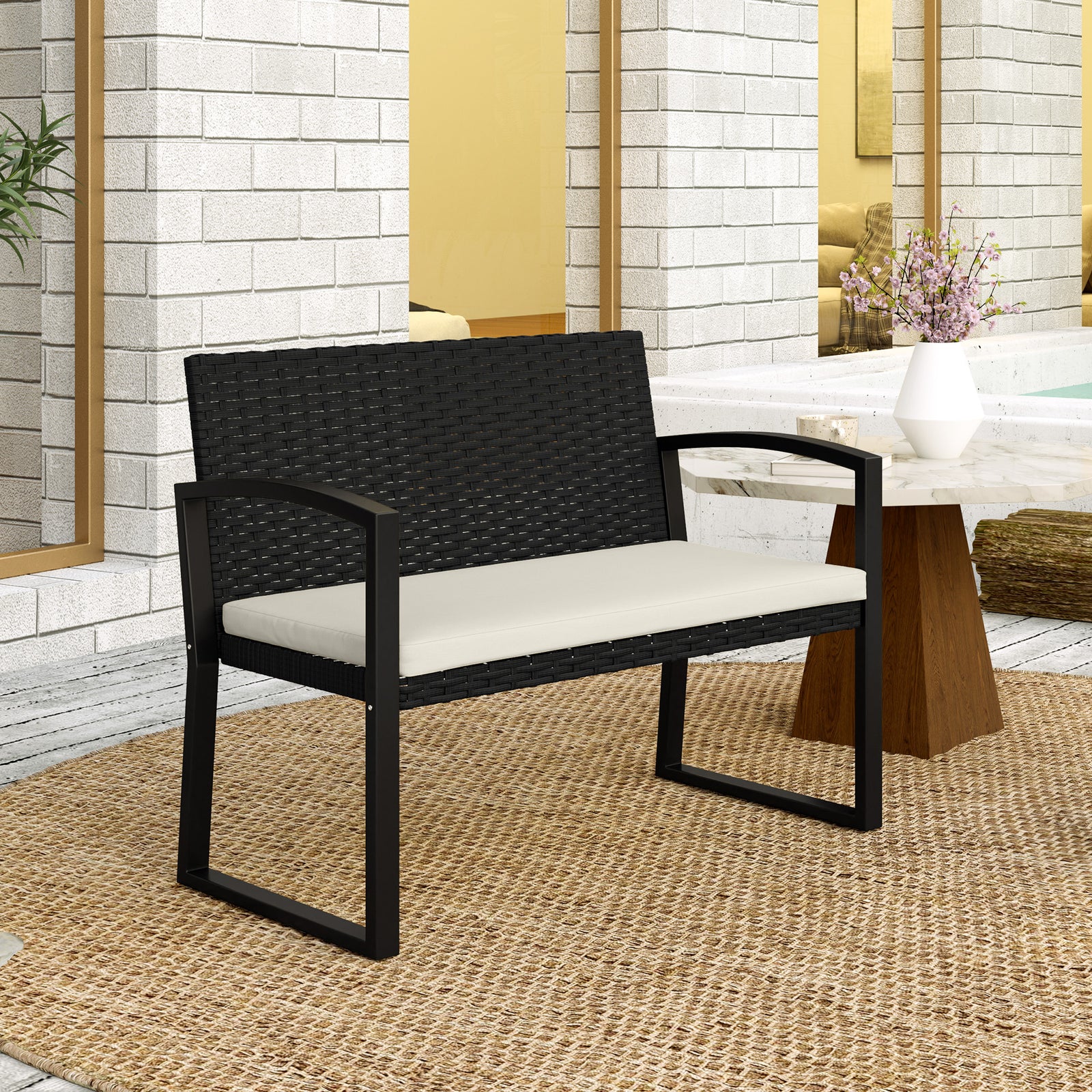 2 Seater Rattan Garden Bench With Cushion, Steel Frame | Black