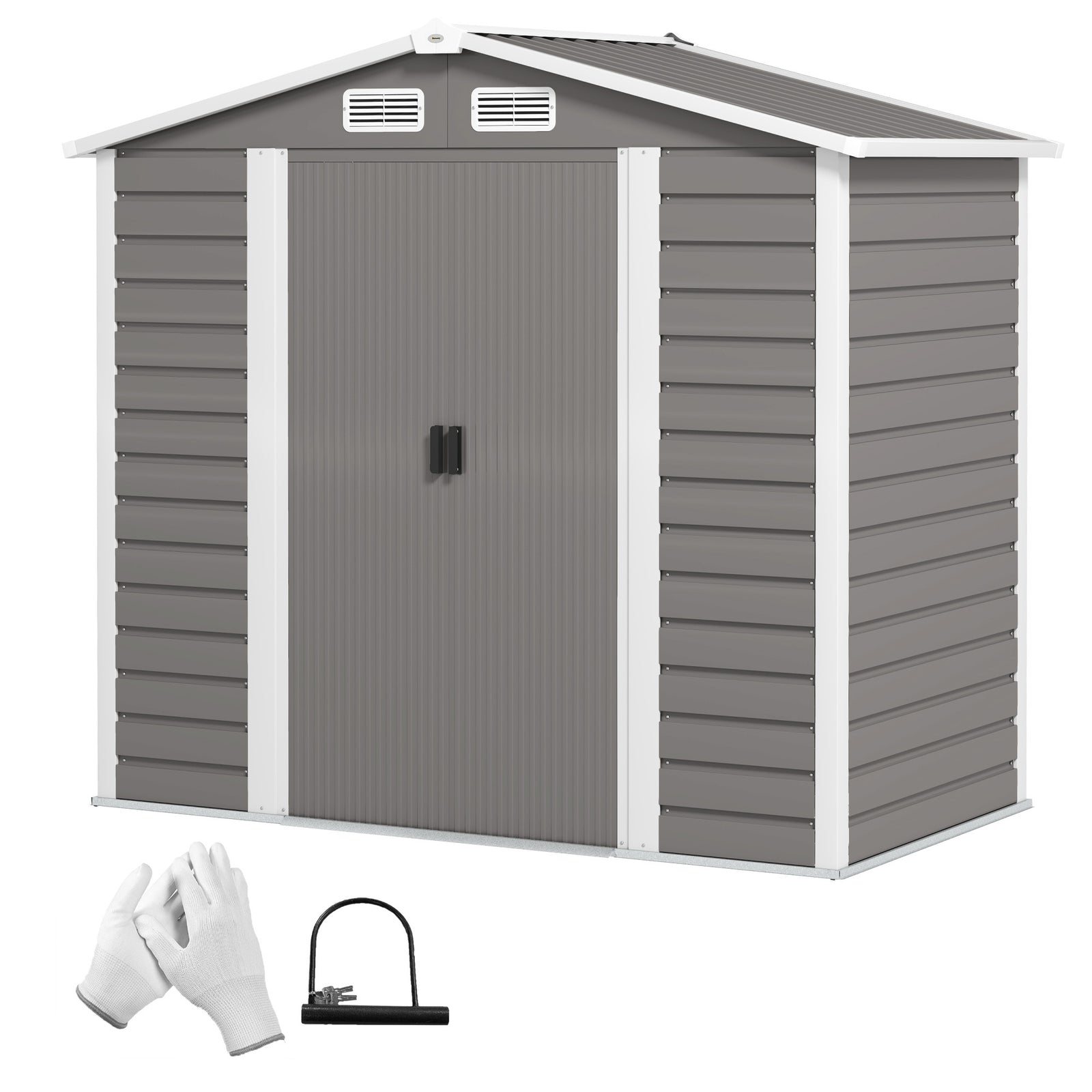 7 X 4ft Metal Garden Shed W/ Double Doors Gloves | Light Grey