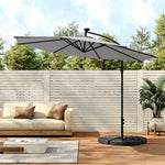 3 M Banana Patio Umbrella Cantilever Garden Parasol With Solar-powered 32 Led Lights, Crank For Opening Closing With Cross Base & Fillable Base | One Size | Light Grey