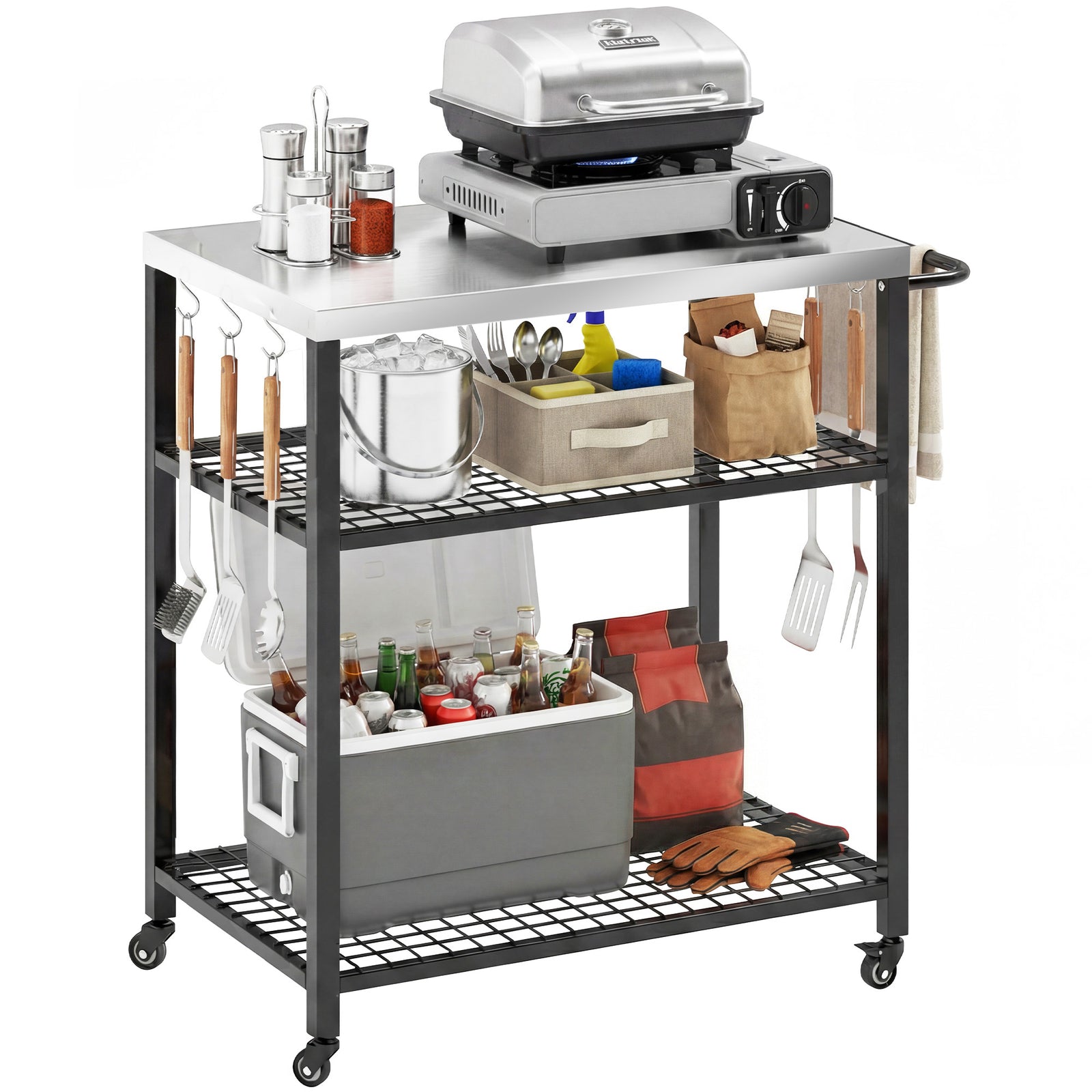 Outsunny Outdoor Grill Cart, Movable Food Prep Table With Wheels, Hooks