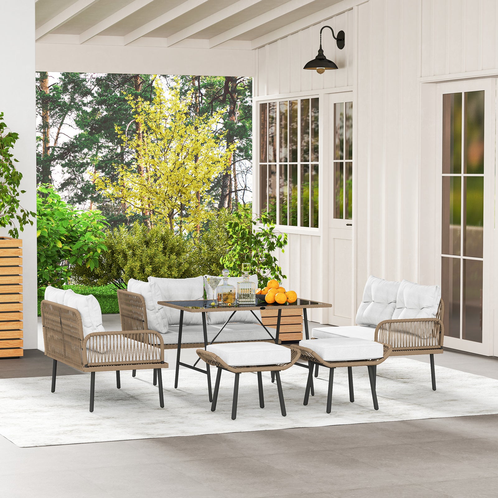 Sectional Outdoor Furniture With Glass Top Table Cream White