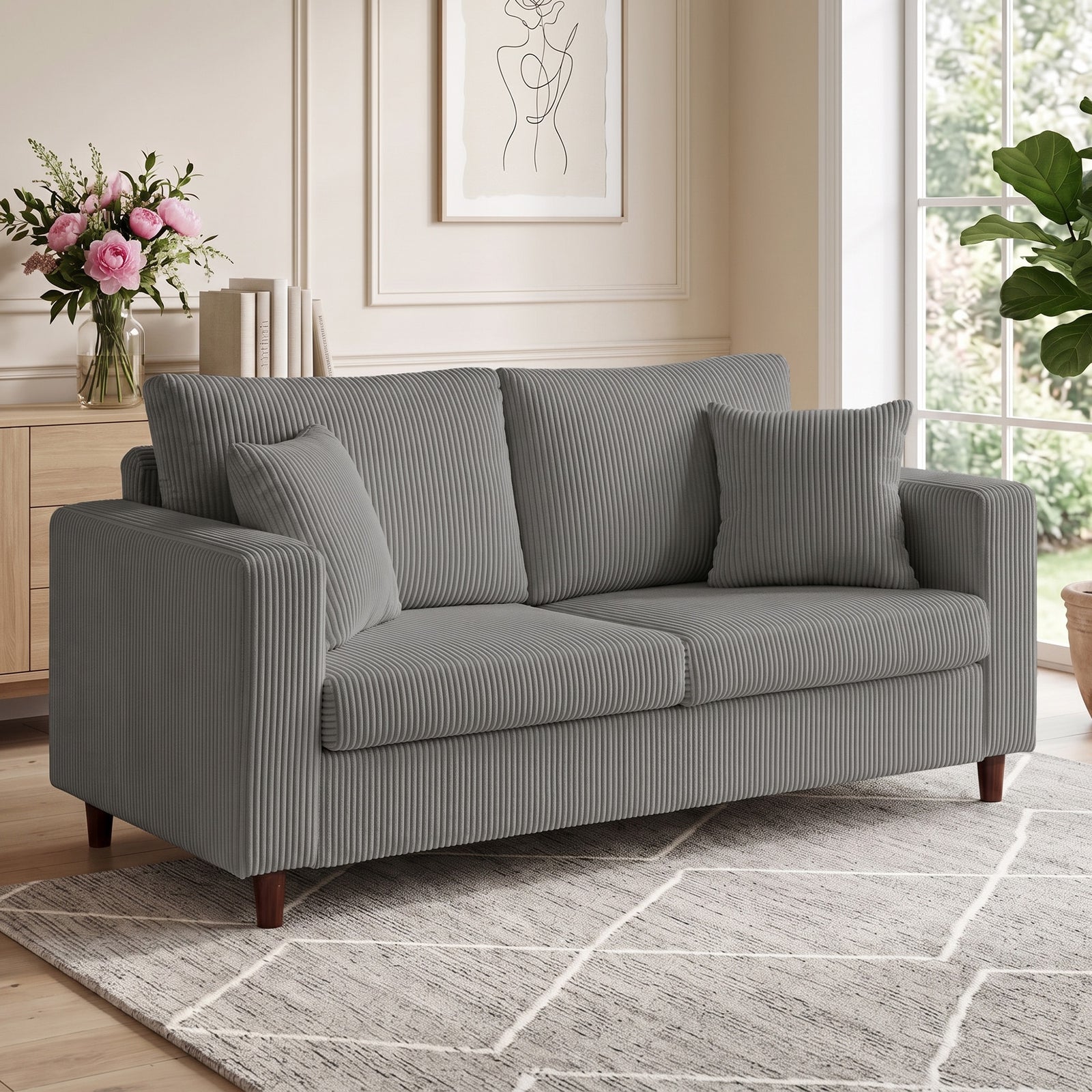 Loveseat Sofa With Wide Seat, Corduroy Upholstered | Light Grey