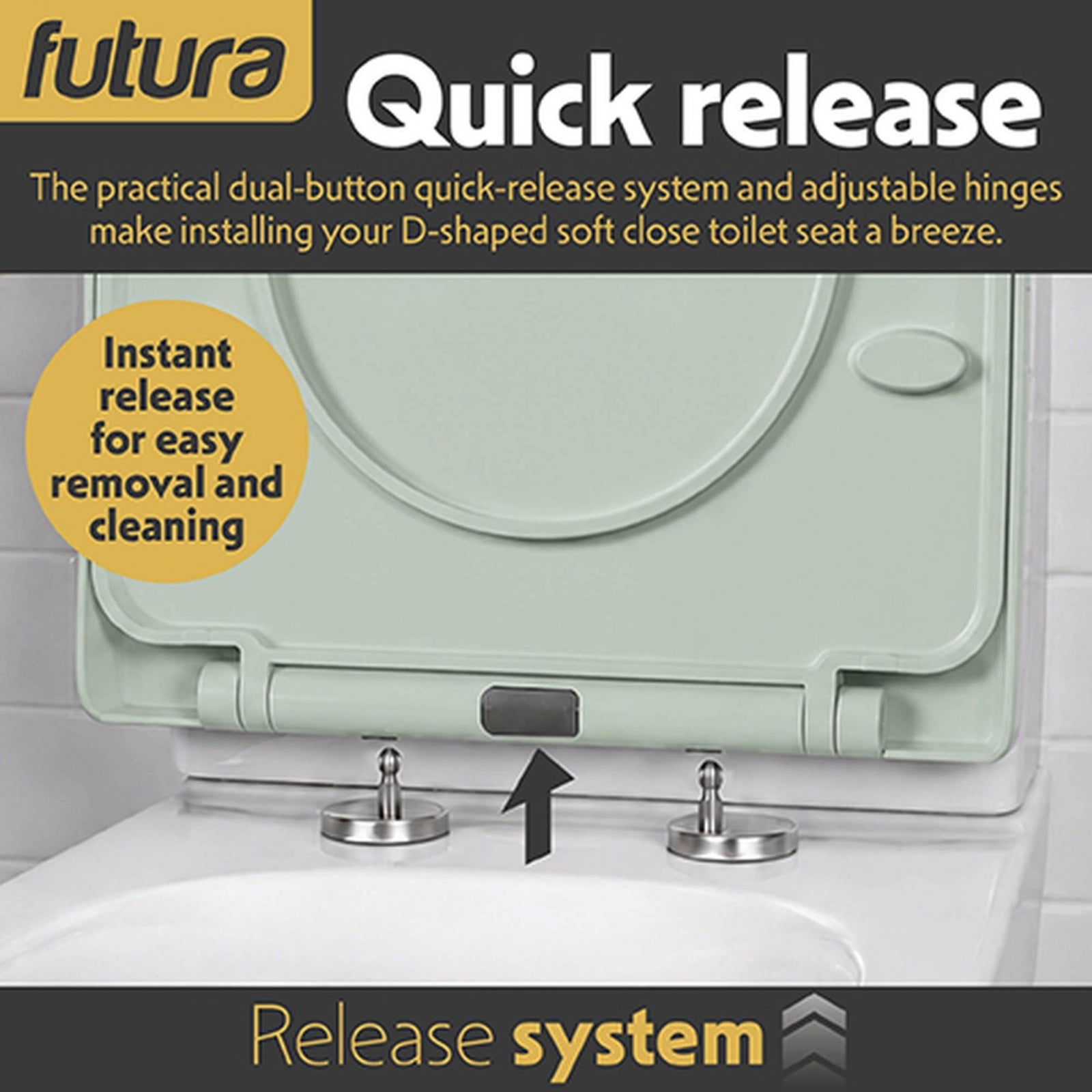 Toilet Seat Soft Close D Shape, Premium Thermoplastic, Quick Release, Top & Bottom Fixings | Sage Green