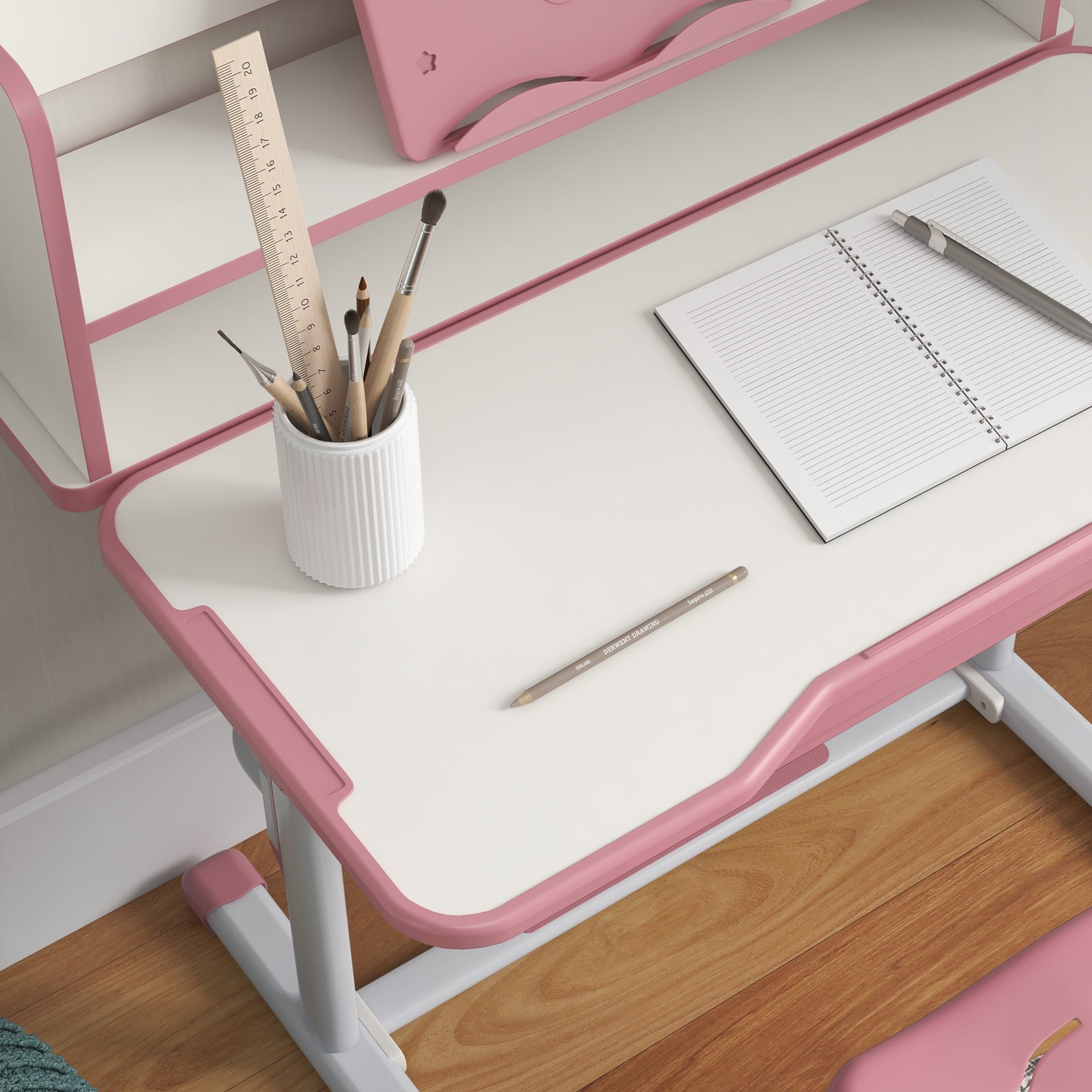 Height Adjustable Kids Desk And Chair Set, With Drawer, Bookshelf | Pink