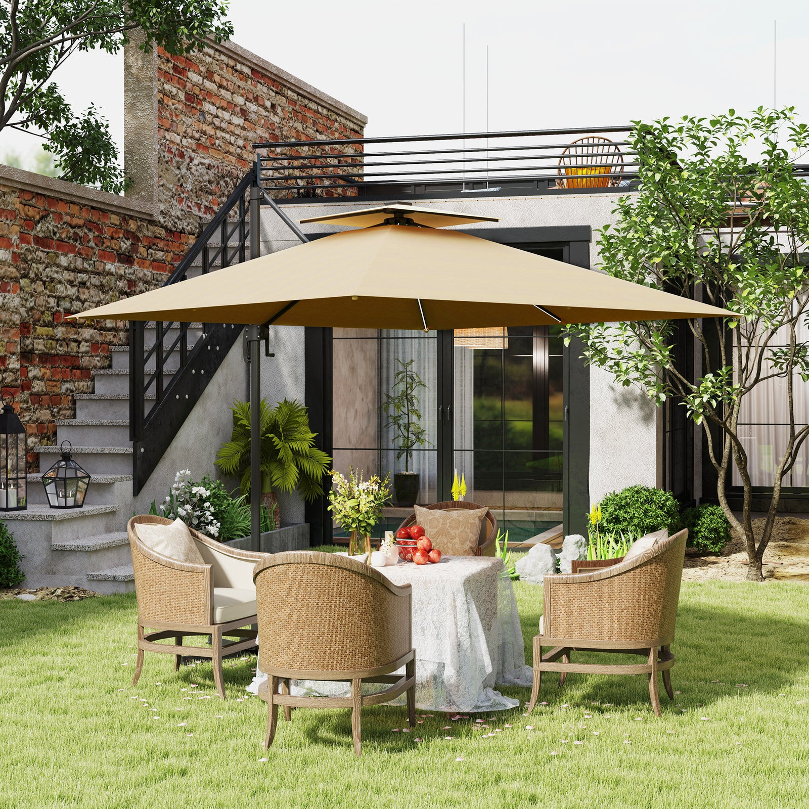 2.5m Cantilever Parasol, Solar Led Lights, Double Top | Khaki