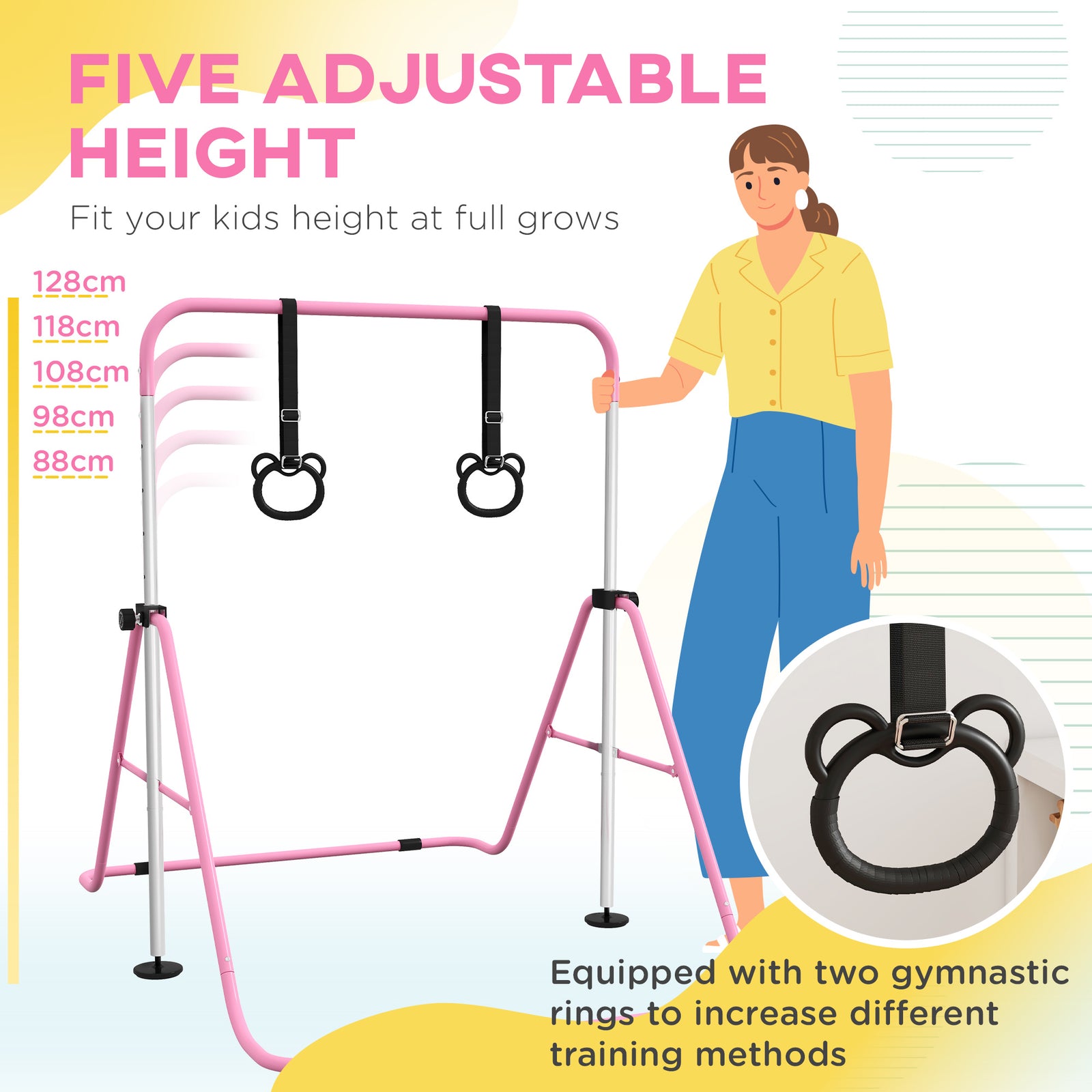 Adjustable Height Foldable Kids Gymnastics Bar With Non-slip Mats | Pink