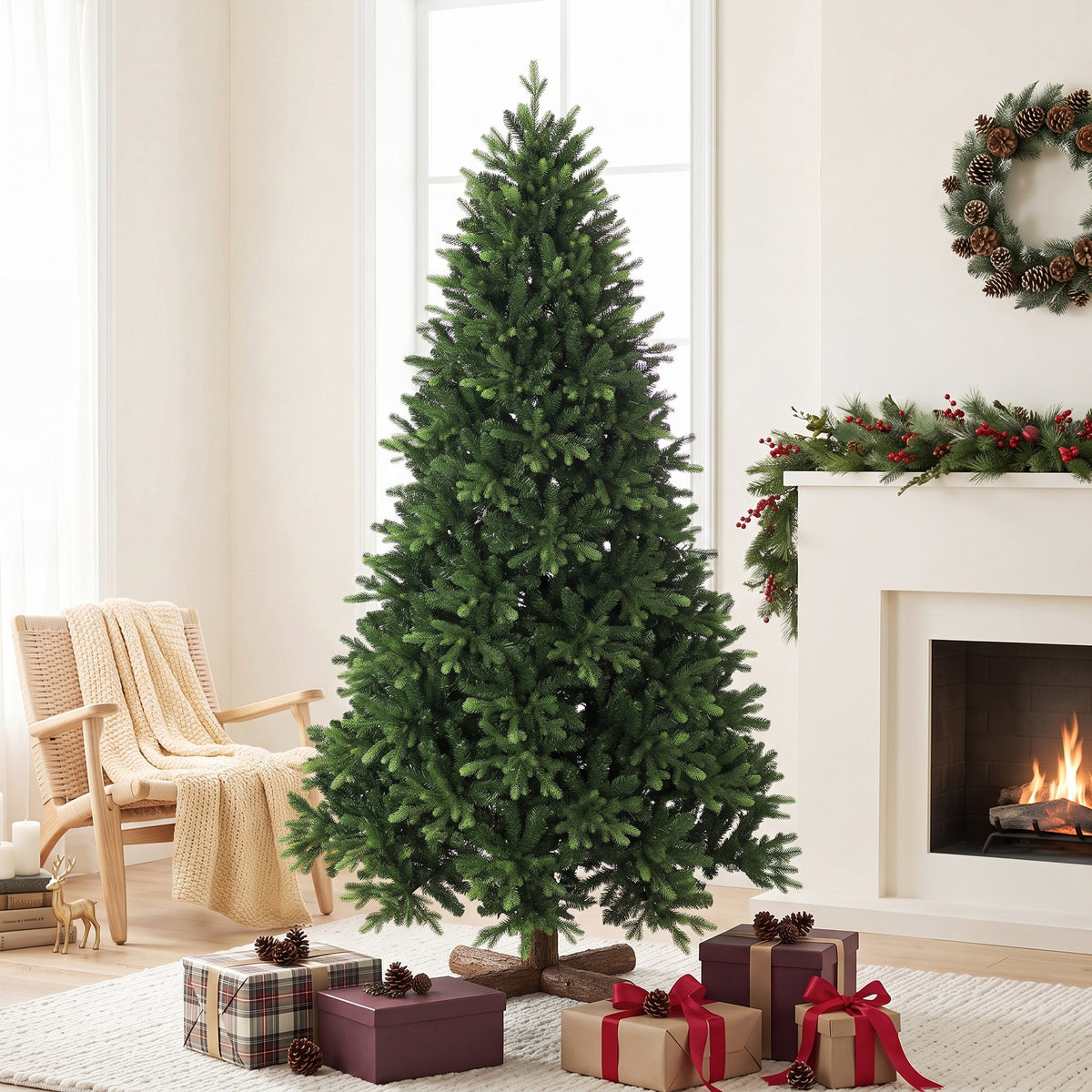 HOMCOM 7ft Artificial Christmas Tree, Solid Fir Wood Stand, Green