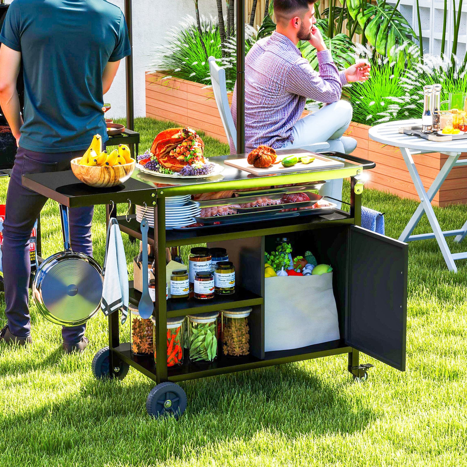 Stainless Steel Outdoor Bbq Trolley W/ Folding Side Table