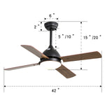 42 Inch Brown Ceiling Fan With Adjustable Lighting & Remote 4 Blade Modern Quiet Fan