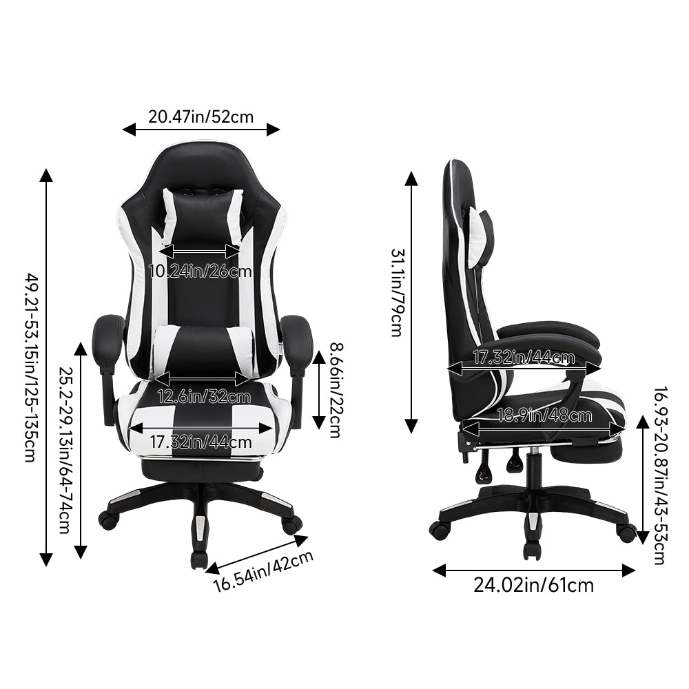 Rgonomic Gaming Chair With Adjustable Height & Backrest Office Computer Chair With Footrest And Pillow | Black & White
