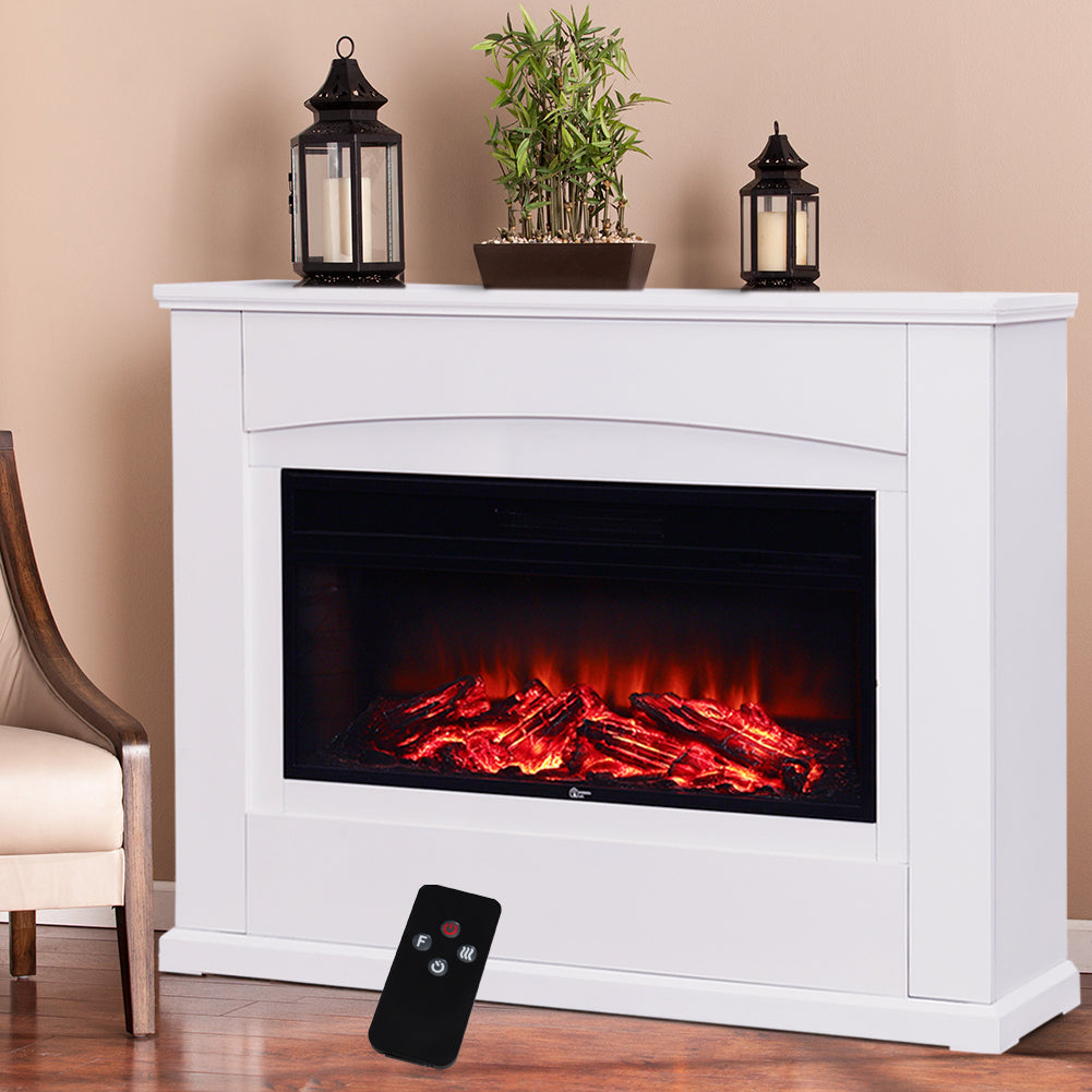 Recessed Electric Fireplace With Mantel, 1500w White Led Heater With Realistic Flame, 5-level Brightness & Remote Control