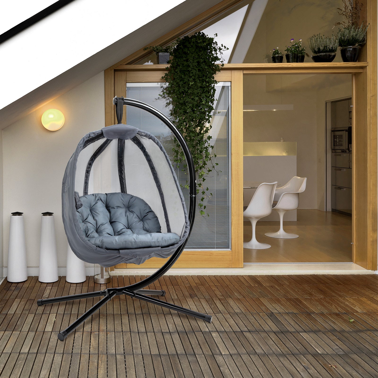 Folding Textelin Swing Hammock Egg With Side Pocket, Cushion | Gray