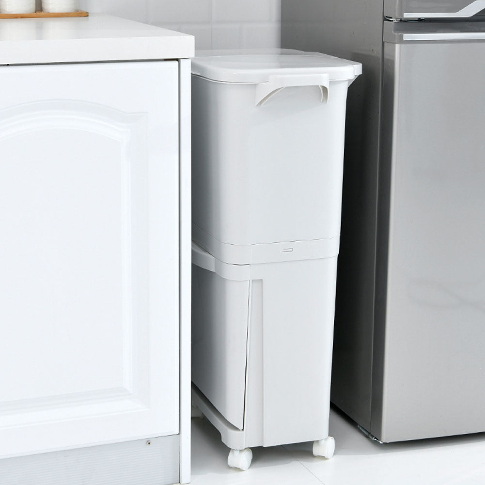 White Double-layer Three-compartment Trash Can With Wheels | 38l