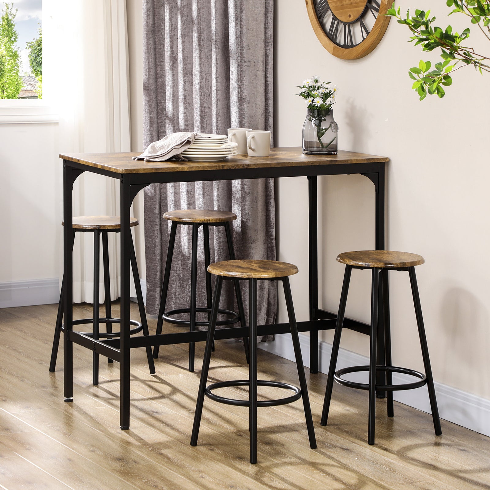 5 Piece Bar Table And Stools Set With Metal Frame | Brown