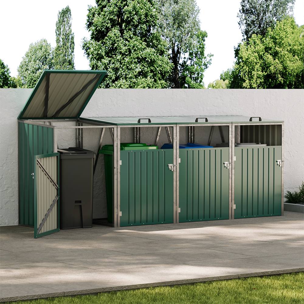 4 Bin Storage Shed – Heavy-duty Galvanized Steel Outdoor Bin Store With Lift-up Lids & Lockable Doors | Green