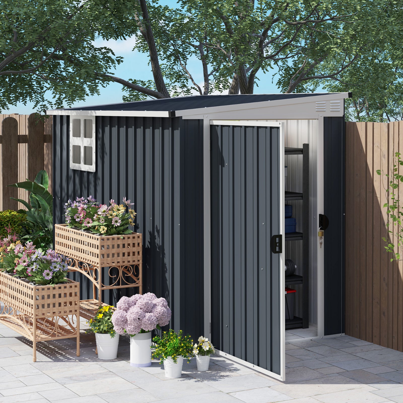 7.6 X 4ft Outdoor Garden Storage Shed With Window | Dark Grey