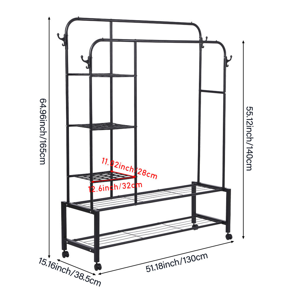 Double-rod Clothes Rack With Shelves And Wheels