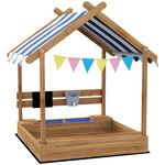 Sand Pit With Canopy, Blackboard, Toys, Sink, Seats, Flags For Kids | Brown